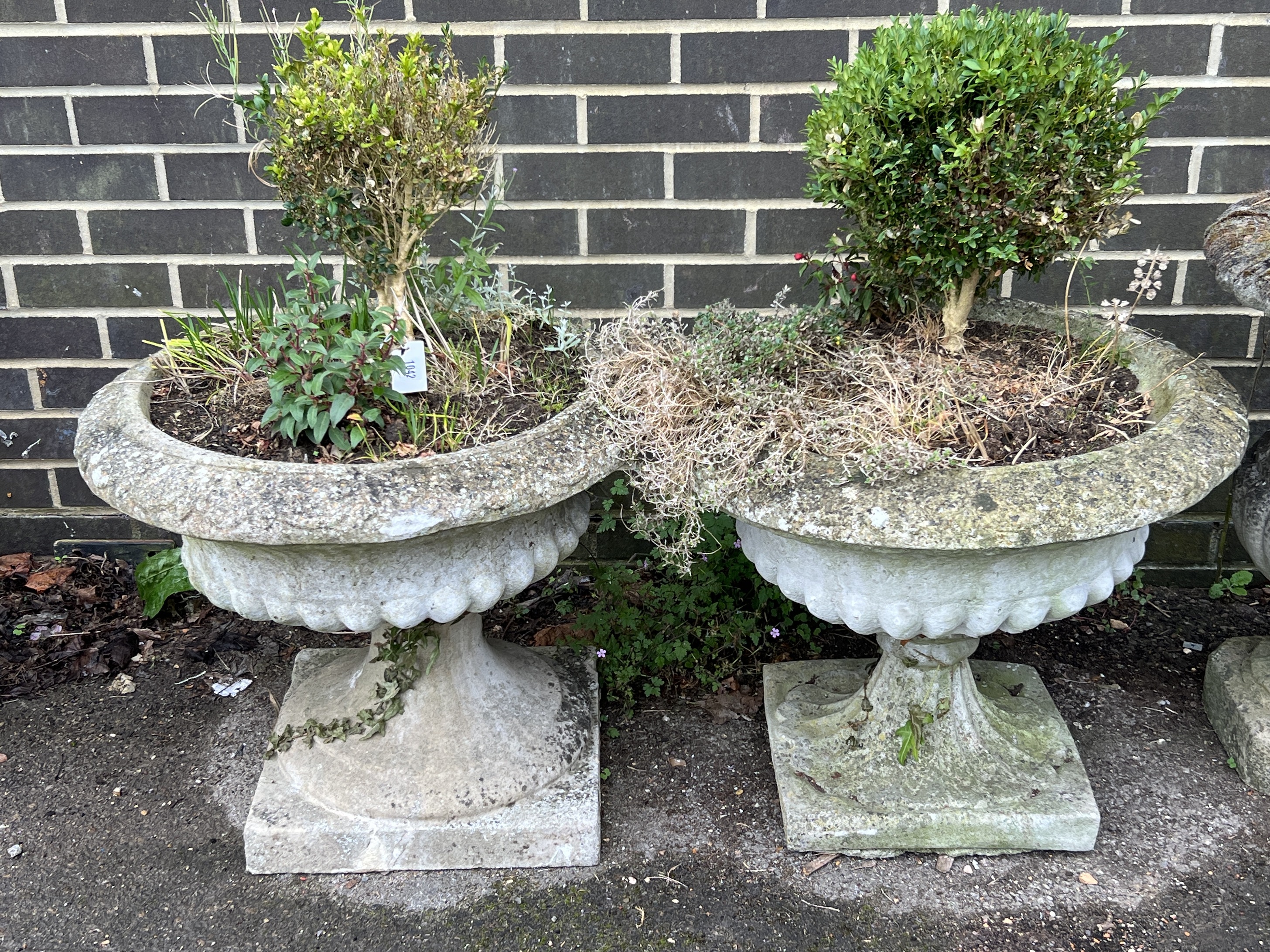 A pair of circular reconstituted stone campana garden urns, diameter 60cm, height 50cm